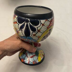 Exotic ceramic wine chalice made in Mexico. Fun centerpiece. 6-7/8” high.